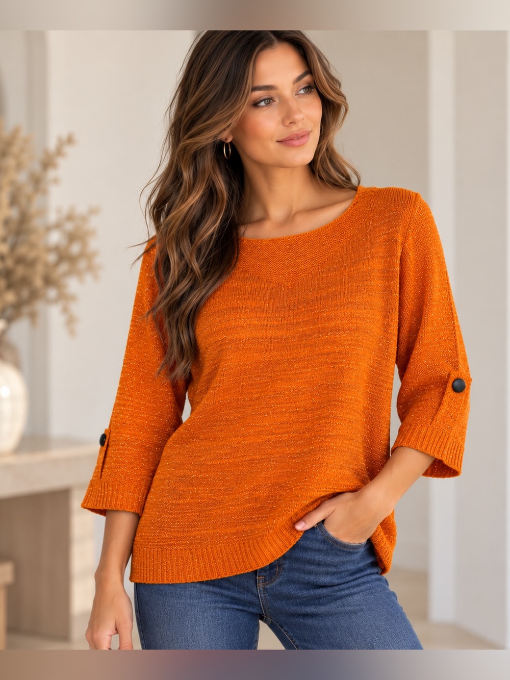 Women's Orange Knit Metallic Thread Button Sleeve Pullover Sweater Size L